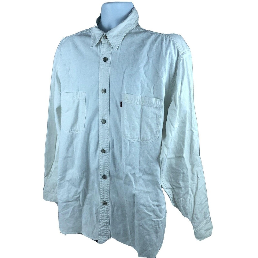 Vintage 90s Levi's White Denim Jean Shirt Metal Buttons Up Men's Large - Picture 2 of 9